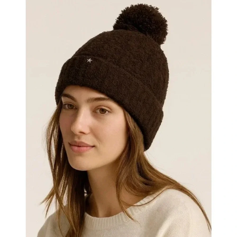 Barefoot Dreams‎ CozyChic Cable Knit Pom Pom Beanie Dark Brown NWT